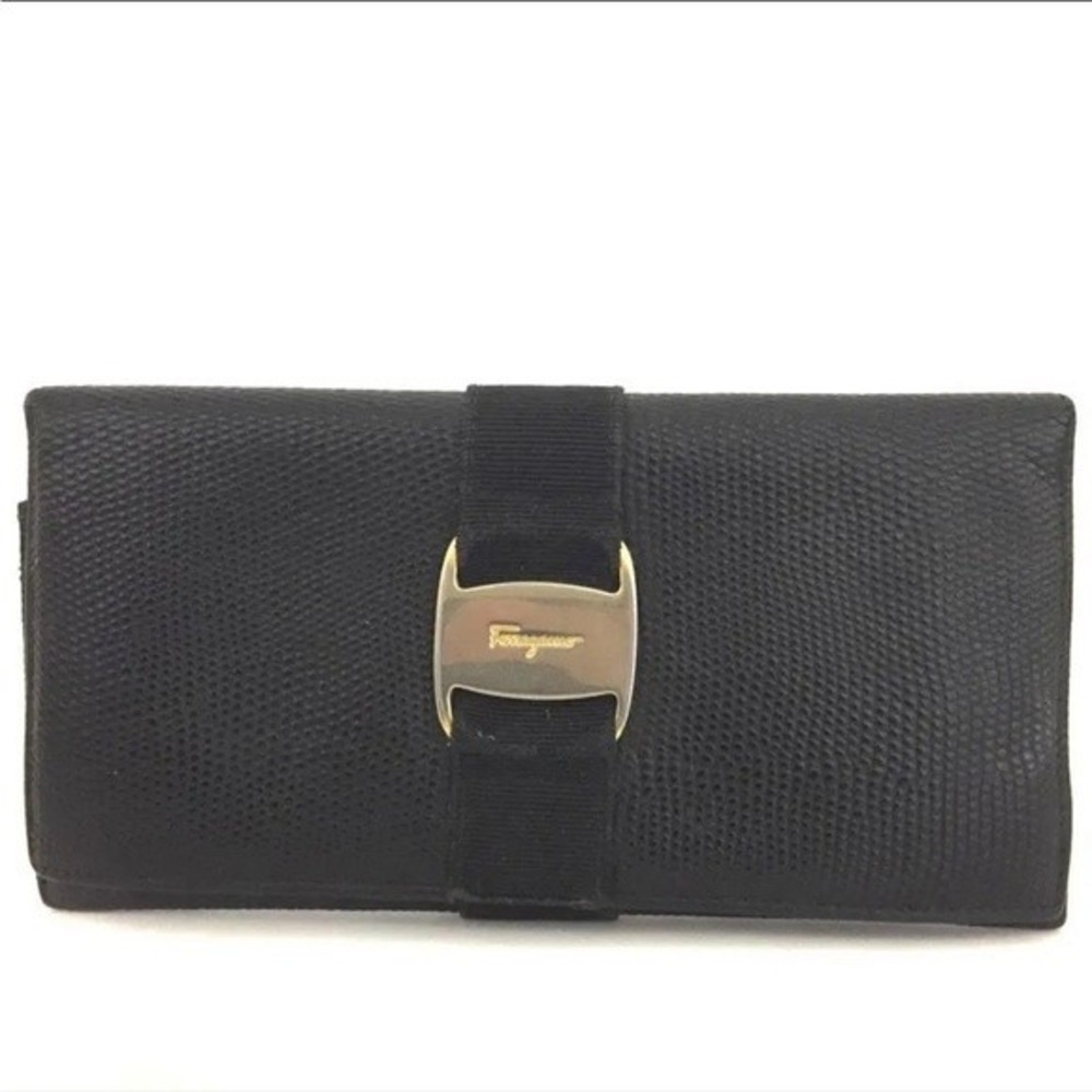 Salvatore Ferragamo Vara Black Leather Long Bifold Wallet